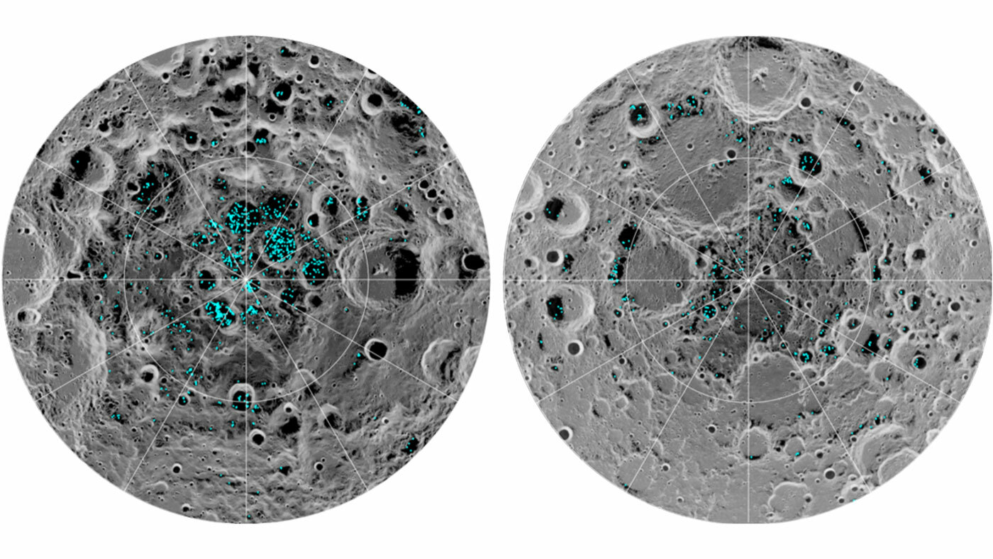 WHERE THE MOON'S SURFACE ICE IS This image shows the locations of water ice at the Moon's south pole (left) and north pole (right) as indicated by NASA's M3 instrument onboard India's Chandrayaan-1 spacecraft. The ice lies in permanently shadowed regions.